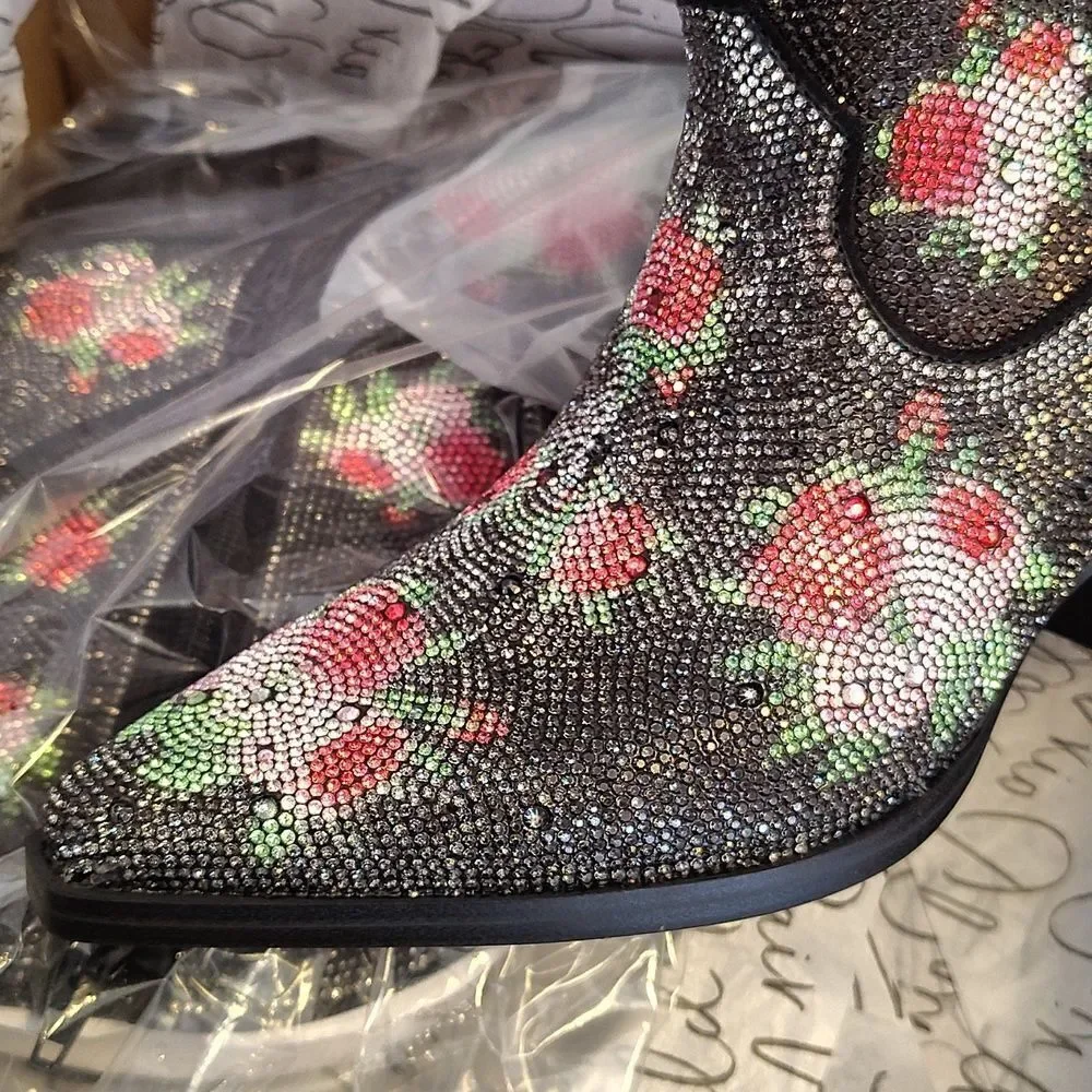 Wild Pair Lacey Black Bling Cowboy Boots SZ 7.5 NWT Pink Floral‎ Festie